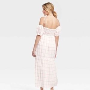 Universal Thread White & Peach Plaid Sweetheart Maxi Peasant Boho Dress